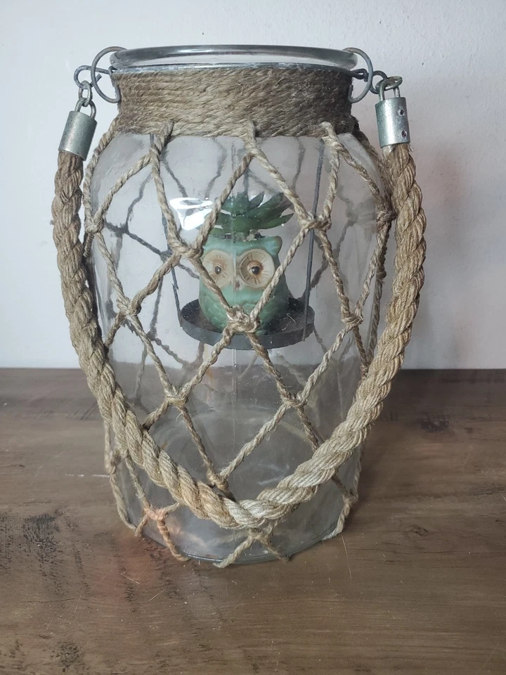 LINTERNA DE VIDRIO Y YUTE Luca grande con inserto de búho Foto 3 de 4