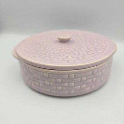 Vintage Pink Pottery Covered Casserole Dish 7  Mid Century USA