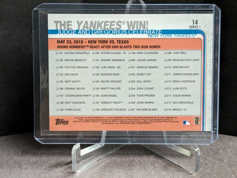 2019 Topps #14 The Yankees Win! Aaron Judge/Didi Gregorius - Image 2 of 2