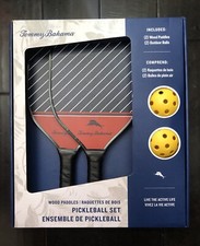 Tommy Bahama Pickleball Set 2 Navy Blue  Red White Wood Paddles 2 Outdoor Balls