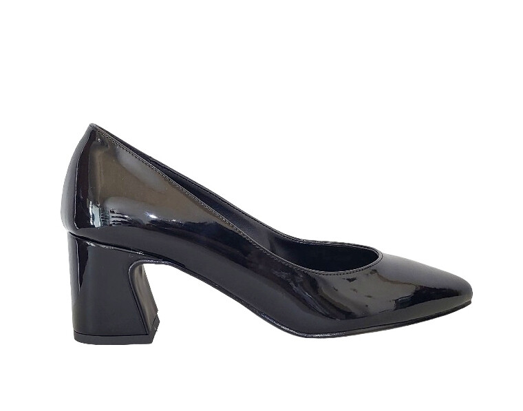 SCARPE DECOLLETE' DONNA PELLE VERNICE NERO TACCO LARGO MADE IN