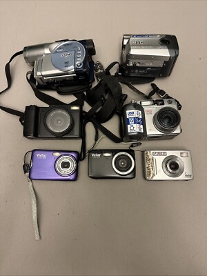Lot Of 7 Digital Cameras & Camcorders FOR PARTS( JVC, HITACHI, VIVITAR, OLYMPUS)