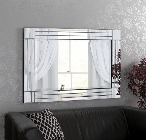 Mirror Large Glass Frame Art Deco Wall Mirror Triple Bevel Panels 120cm x 80cm - Picture 7 of 8