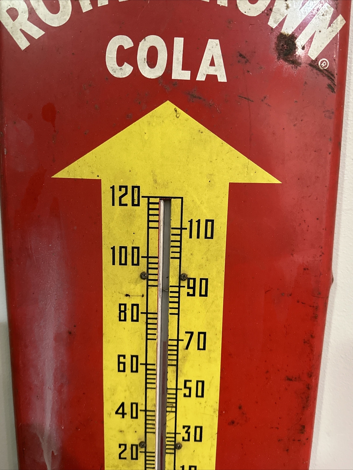 ORGINAL AUTHENIC DRINK ROYAL CROWN COLA THERMOMETER METAL SIGN. 9.5x26