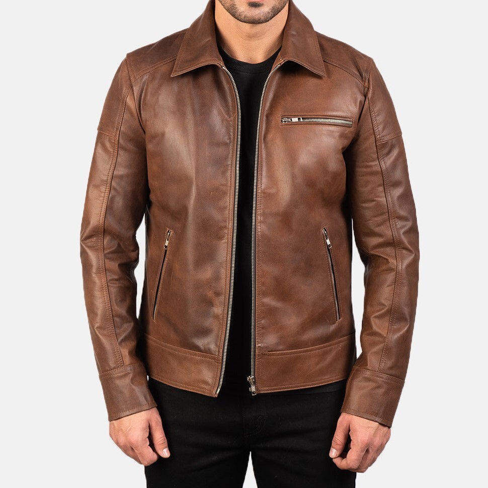 Men's Lavender Brown Genuine Leather Biker Jacket / Brown Leather Biker Jacket