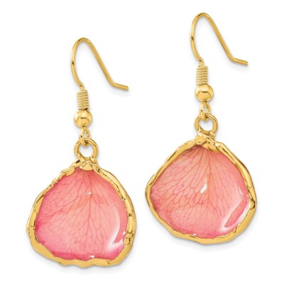 Lacquer Dipped 24k Gold Trim Pink Rose Petal Dangle Earrings Lacquer Dipped 24k Gold Trim Pink Rose Petal Dangle Earrings