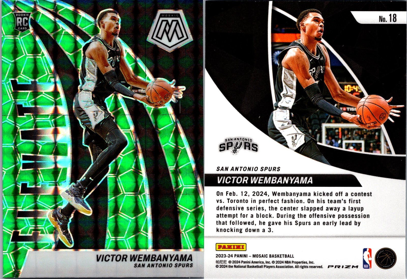 2023 Panini Mosaic-Victor Wembanyama #18 (RC) Elevate Green Prizm 4663