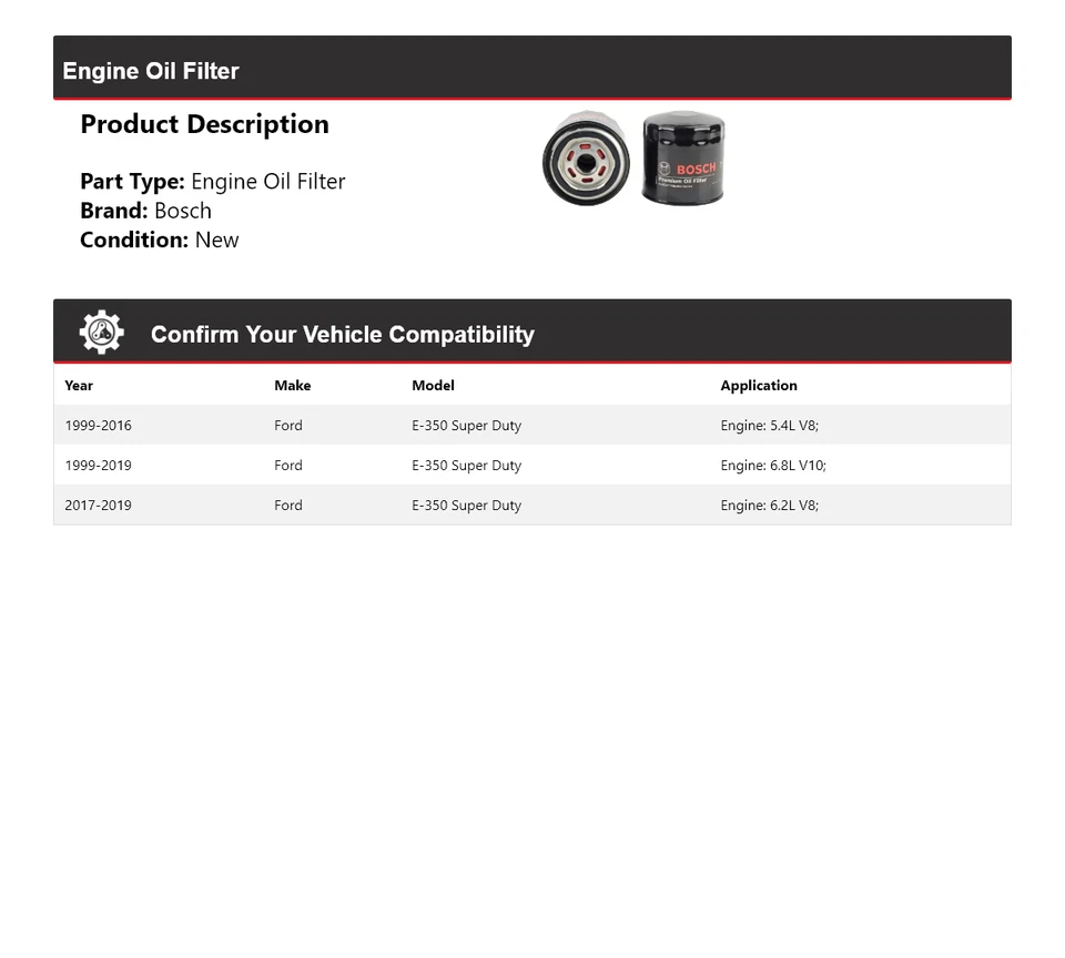 Filtro de aceite premium Bosch 2000 2001 2002 2003 para Ford E-350 Super Duty 1999-2019 Foto 2 de 3