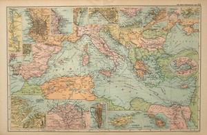 1908 Map Mediterranean Sea Turkey Greece Italy Alexandria Algiers