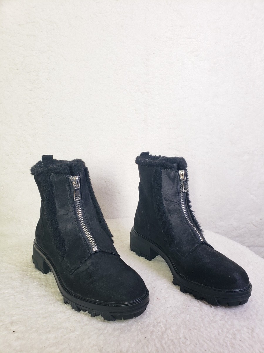 Unisa Women Boots Black Faux Suede Zip Up Fur Trim Chunky Winter Ankle  Shoes