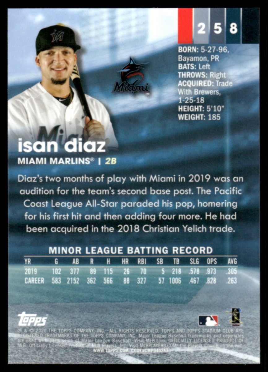 2020 Stadium Club Chrome #258 Isan Diaz X-Fractor | eBay