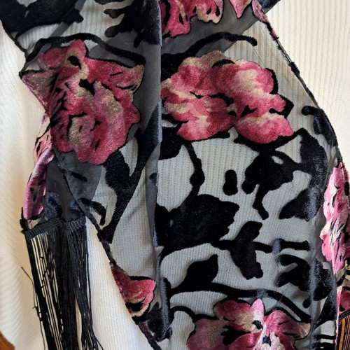 SL Fashions Floral Velvet Burnout Shawl Wrap Scarf Fringe Black Pink