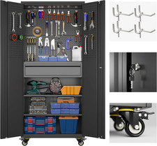 71"H Garage Storage Cabinet with Wheels, Drawer, Pegboard and 16 Hooks, Metal St