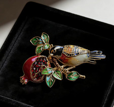 Crystal Pomegranate Brooch Gold Bird Pin Plants Fall Autumn Winter Jewelry Gift Crystal Pomegranate Brooch Gold Bird Pin Plants Fall Autumn Winter Jewelry Gift
