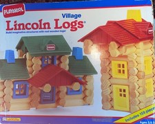 Playskool Lincoln Logs Village 987 163 Real Wooden  Plastic Pieces W/Box READ