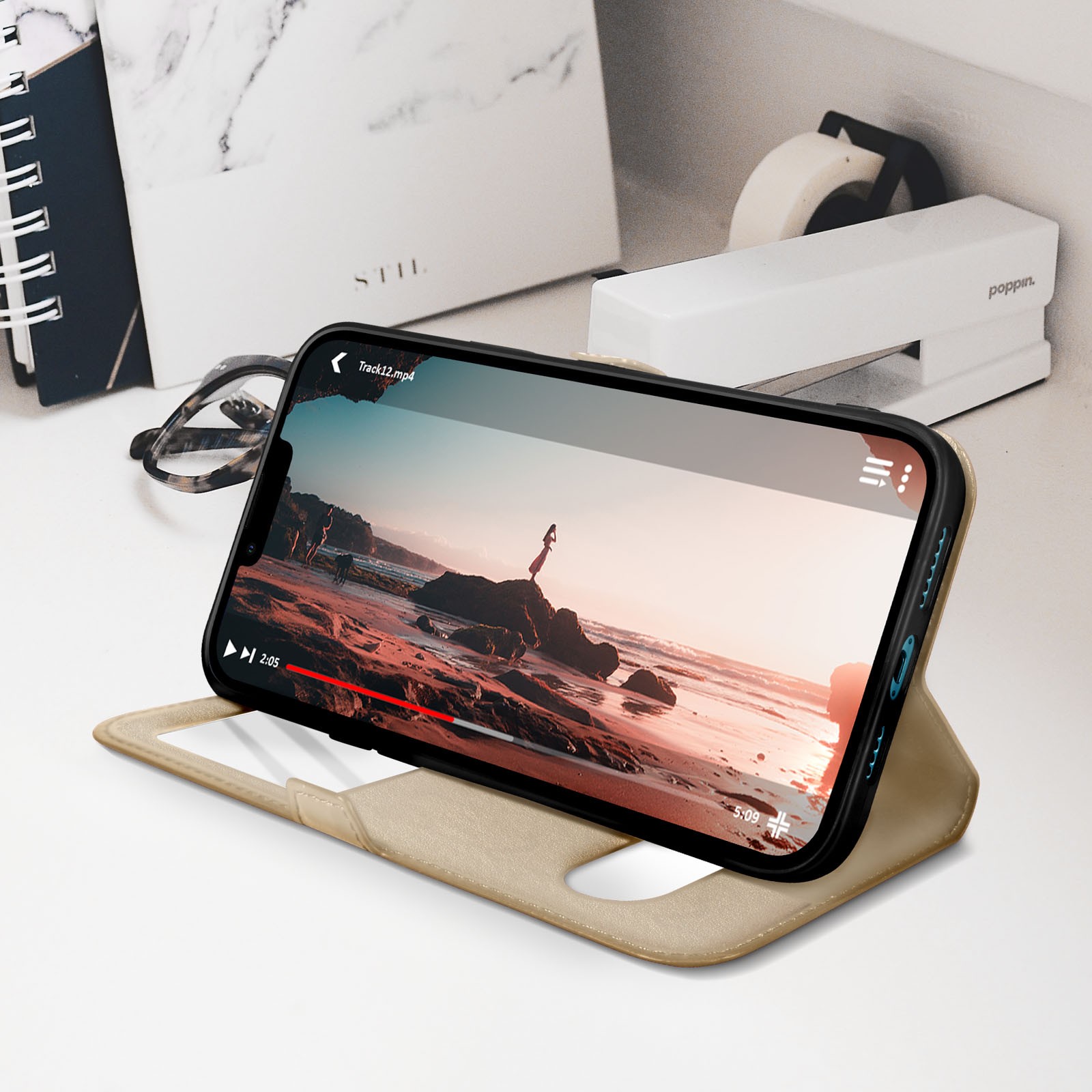 Housse iPhone 13 Mini avec support vidéo et double fenêtre active