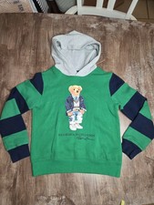 Polo Ralph Lauren Polo Bear Green Hoodie Striped Sleeves Youth M 10 12 Preppy
