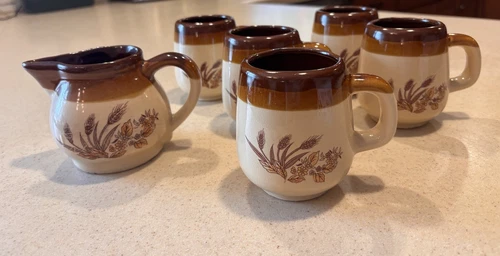 5 Brown Beige Wheat Stoneware Glazed Coffee Mugs Vintage 1970s 12oz. And Creamer