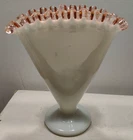 Vintage Fenton Milk Glass Pink Rose Crest 6 3/4" Fan Vase
