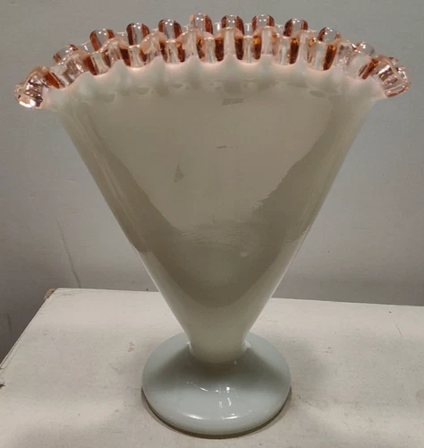 Vintage Fenton Milk Glass Pink Rose Crest 6 3/4" Fan Vase