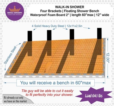 Walk-In Shower | 4 Brackets | Floating Foam Shower Bench 2in | 60in Length