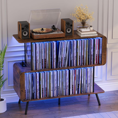Record Player Stand with Vinyl Storage & LED Light - Brown