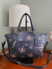 Coach Prairie Satchel 91603 Rose Bouquet Navy Floral Pebbled Leather Bag