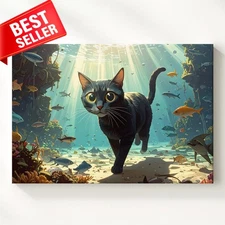 Cat Surreal Ocean Underwater Fantasy Feline When Path Walking Canvas Wall Art