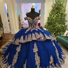 Roayal Blue Ball Gown Quinceanera Dresses Gold Lace Applique Sweet16 Party Dress