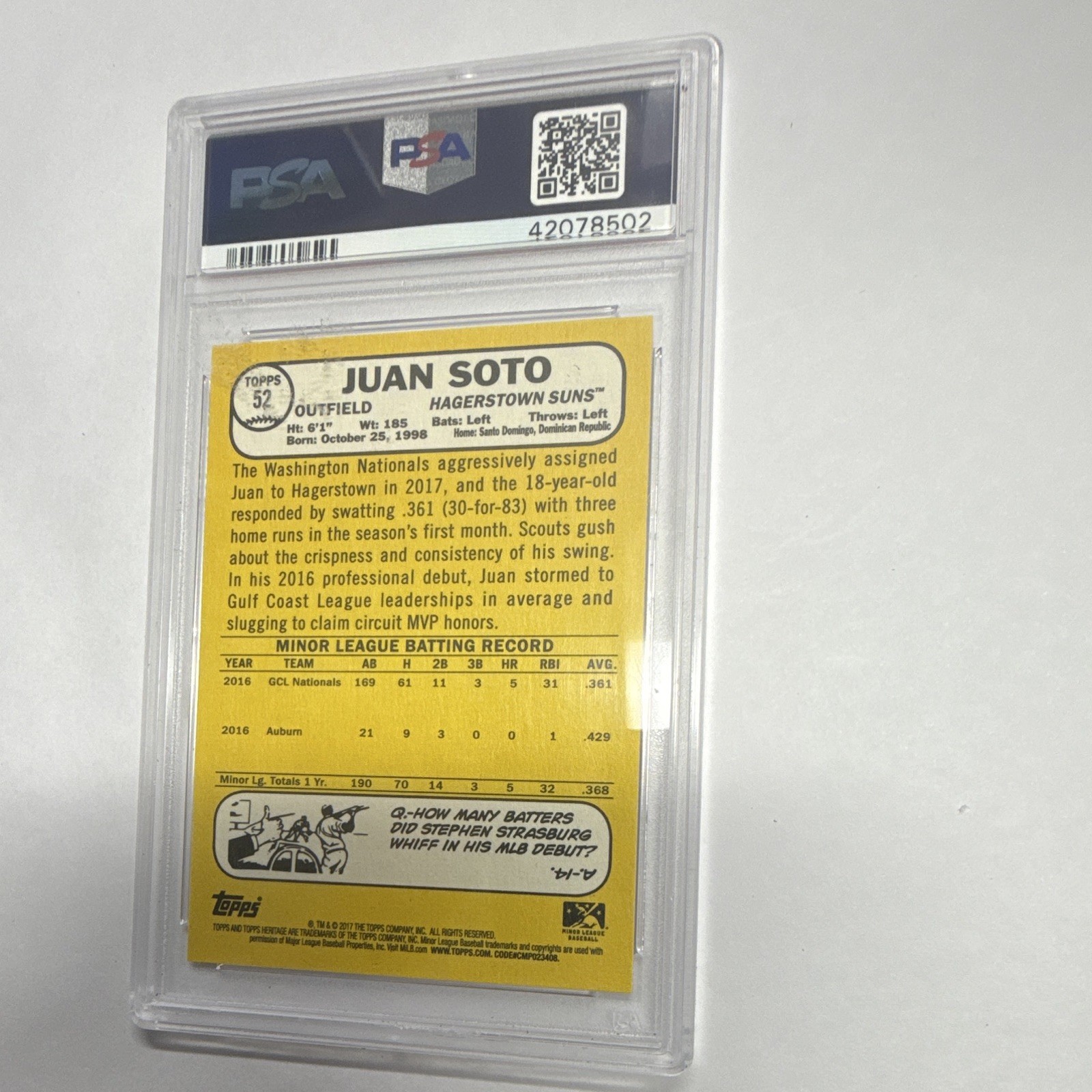 Topps 2017 Heritage Minor League Juan Soto RC #52 Hagerstown Suns PSA 10 view 2