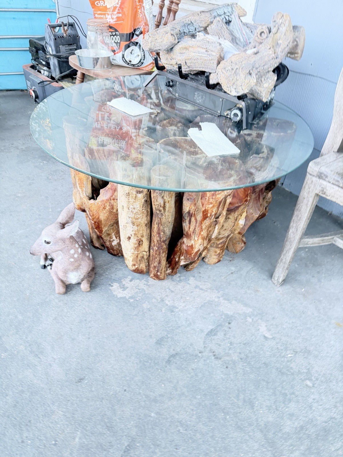 Round Glass Tabletop Coffee Table with Wood Stump Base, Brown & Clear