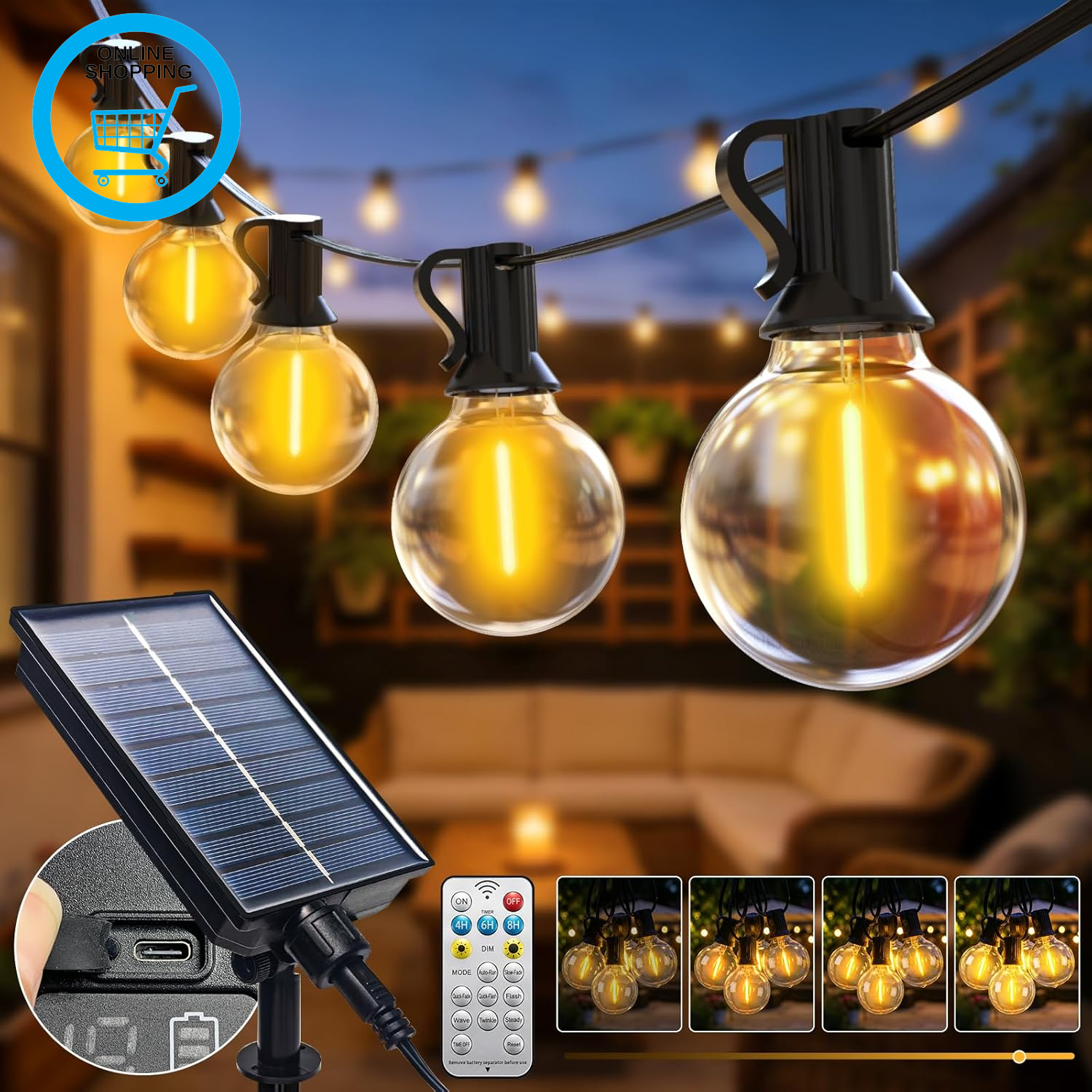 20M/65FT Solar Festoon Lights Outdoor with Remote, 25+2 LED Garden String Light