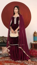 Indian Traditional wear;Maroon Zari Lace Sequins Velvet Kurta Sharara Set