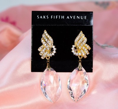 Saks Fifth Avenue Crystal And Rhinestone Drop Earrings, New Old Stock
