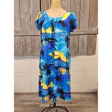 Vintage Royal Creations Hawaii Blue Sunset Hawaiian Kaftan Mumu Midi Dress