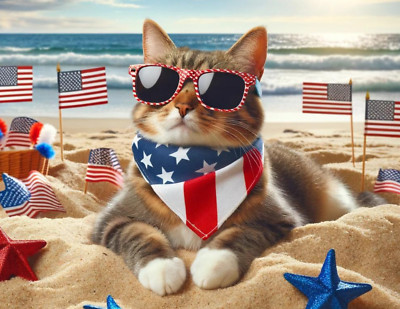 Patriotic Cat On Beach w/ Sunglasses 4th of July Summer Fun Postcard 5.5x4.2''