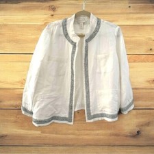 Chicos Linen Jacket Blazer Womens Size Medium Open Front Metallic Trim Ivory