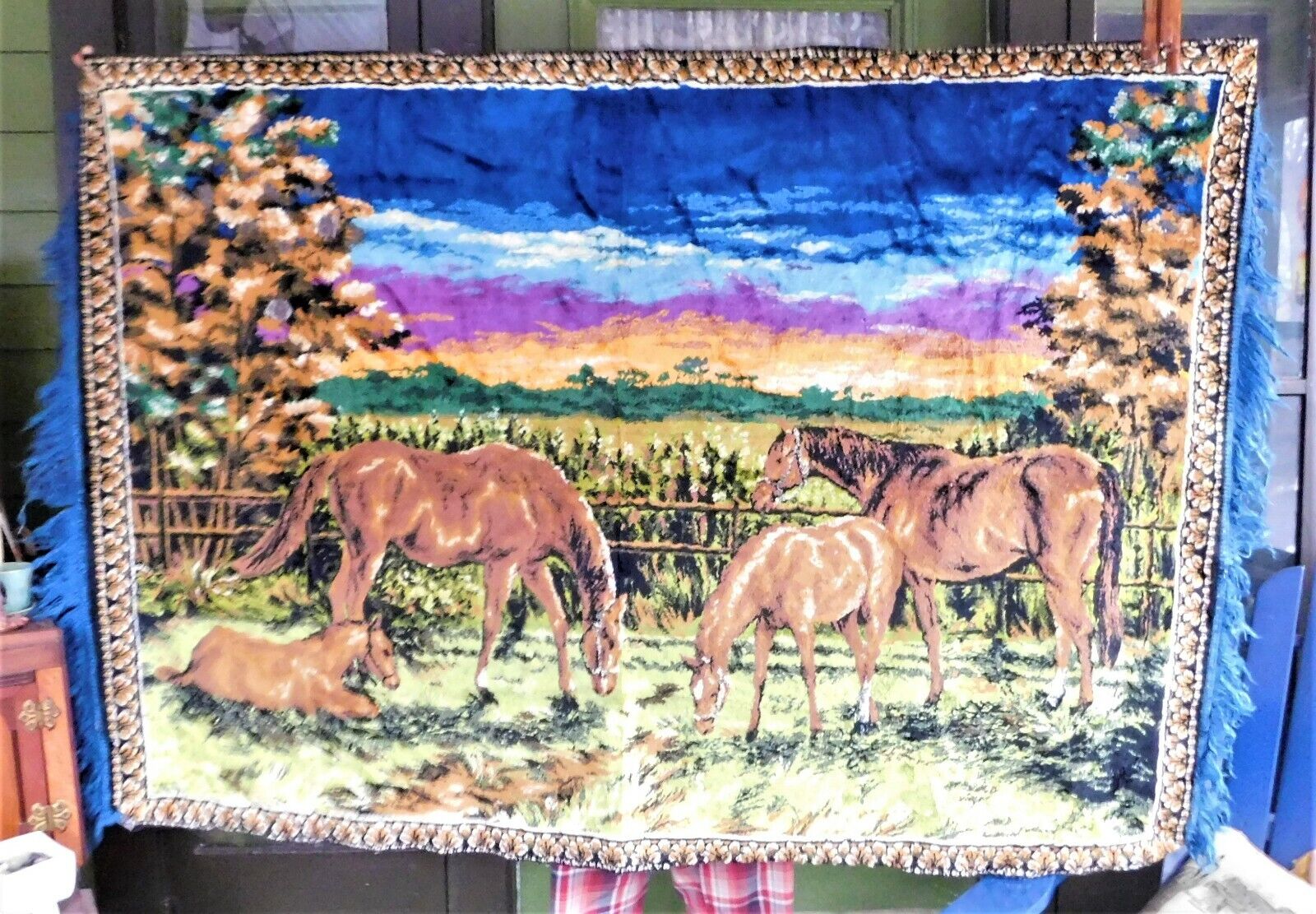 Large 48 by 70 Vintage 1970's Horse Tapestry / Wall-hanging or Rug Very Plush