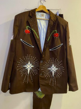 Men 2Pc Bespoke Rose Star Embroidered Nudie Western cowboy Cocktail Prom Outfit