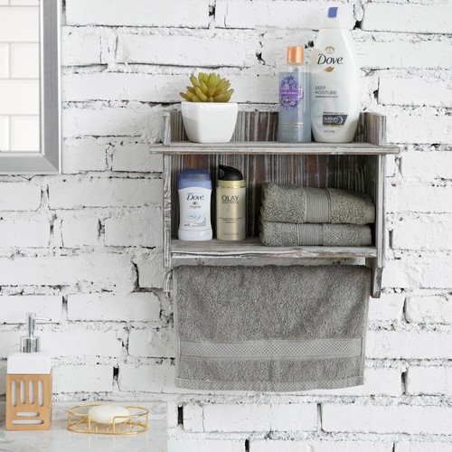 MyGift Wall Mounted Torched Wood Bathroom Storage Rack, 2 Shelves and Towel Bar - Picture 3 of 6