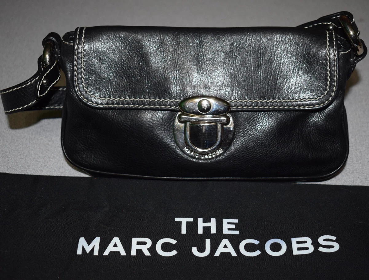 Marc Jacobs Black & Silver Pushlock Leather Small Satchel Bag Purse  & Dust Bag