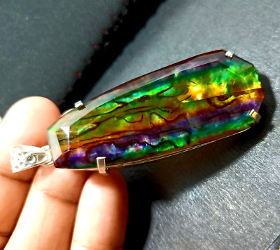 Certified 90 Ct Natural Ammolite 925 Solid Silver Fancy cut Pendant Gemstone