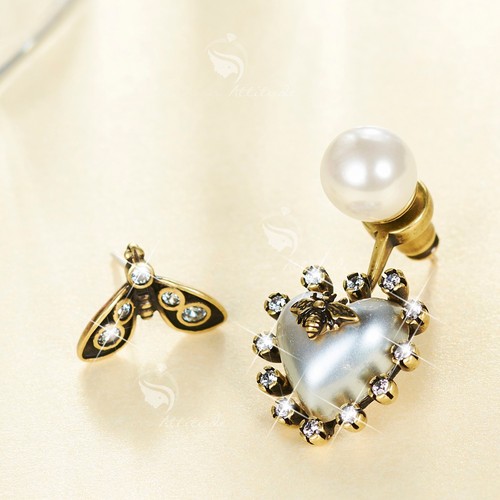 Vintage copper heart stud crystal pearl buzzy bee unbalanced ear jacket