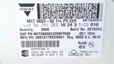 50 x Dünnfilmwiderstand - 22 Ohm - 125 mW - 1% - SMD 0603 - NEU