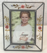 Vintage Lead  Glass Rectangle Picture Frame With Dried Pressed Flower