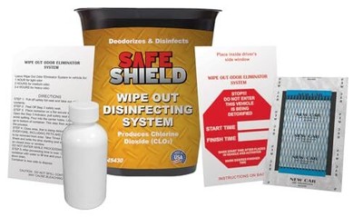 Automotive Wipe Out Odor Eliminator System - Includes Packet, Cup, Air Freshener