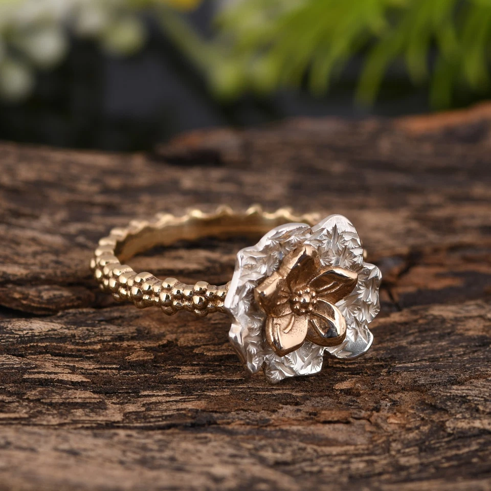 Двухцветное кольцо с цветком, пунктирное кольцо, минимальное кольцо, подарок на день рождения для жены - Изображение 2 из 4