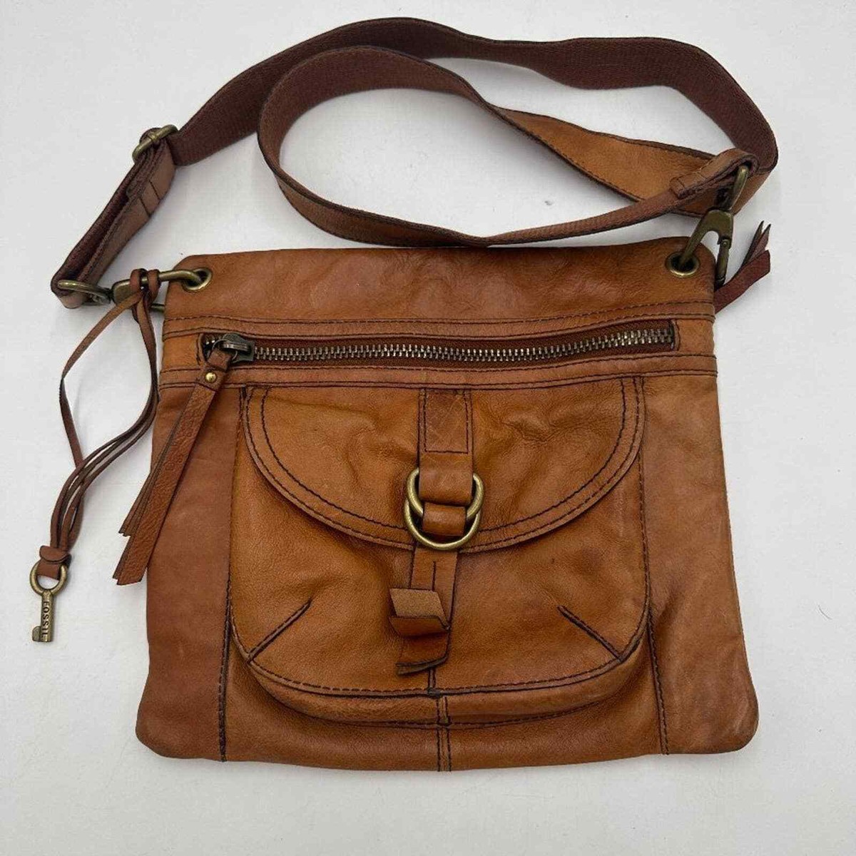 Vintage 1990s FOSSIL ZB5763 Cognac Leather Crossbody Shoulder Bag