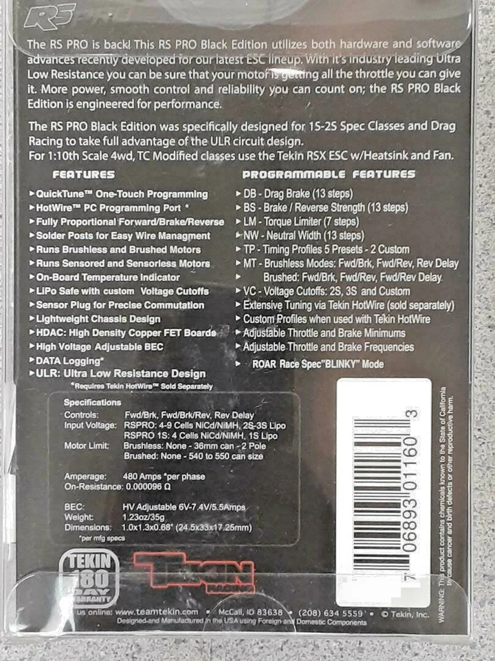 Tekin RS Pro Black Edition BL Sensored/Sensorless Brushless ESC TT1160 Brand New - Image 2 of 3