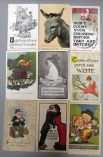 LOT (9) ANTIQUE PRE 1920s COMIC, HUMOROUS, CARTOON POSTCARDS, CONDITION AS SHOWN